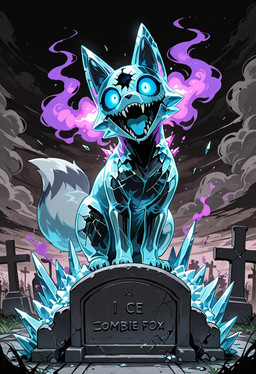 black_sky blue_eyes cemetery feral ice smoke teeth tombstone icefoxai canid canine fox mammal undead zombie hi_res