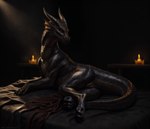 attempted_signature bed black_body black_scales candle claws cloth dark_theme dragon female feral fin forbiddentome furniture genitals horn long_neck lying on_bed on_side pussy quadruped red_eyes reflection scales scalie solo spotlight warm_colors wingless_dragon