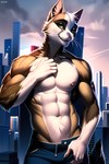 abs absurd_res anthro bottomwear brown_body brown_fur chikais city city_background cityscape claws clothed clothing colored digital_media_(artwork) domestic_cat felid feline felis fur green_eyes hi_res looking_at_viewer male mammal muscular muscular_anthro muscular_male novelai outside pants pink_nose seductive solo watermark whiskers white_body white_fur