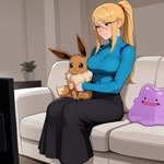 ambiguous_gender blonde_hair breasts clothing crossover ditto_(disambiguation) dress female feral fingers fur furniture group hair light_body light_skin long_hair on_sofa ponytail sitting sitting_on_sofa smile sofa anonymous_director metroid nintendo pokemon samus_aran eevee generation_1_pokemon goo_creature human mammal pokemon_(species) hi_res