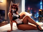 anthro bed canid canine clothed clothing female footwear fox fur furniture green_eyes hair hi_res high_heels jewelry lingerie looking_at_viewer mammal mercrantos necklace on_bed red_body red_fur red_hair smile solo