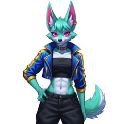 abs anthro baggy_pants black_clothing black_nose blue_body blue_clothing blue_fur cheek_tuft clothing collar collarbone cropped_jacket ear_piercing eyeshadow facial_tuft female fur gynomorph hair inner_ear_fluff intersex jacket leather leather_clothing leather_jacket leather_topwear looking_at_viewer makeup navel piercing pink_eyes pink_eyeshadow short_hair simple_background solo topwear tube_top tuft director_veprem purser_(veprem) canid canine canis jackal mammal hi_res