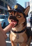 bestiality bodily_fluids collar duo female female_focus feral genital_fluids genitals human_on_feral interspecies licking male open_mouth oral penile penis penis_lick police police_dog police_hat precum sex tongue tongue_out cosmosuscoliosus canid canine canis domestic_dog german_shepherd herding_dog human mammal pastoral_dog hi_res