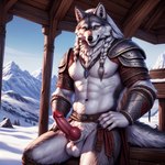 animal_genitalia animal_penis anthro armor balls breasts canine_genitalia canine_penis fur genitals hair knot male mountains muscular muscular_anthro muscular_male nipples nude penis smile smiling_at_viewer snow solo viking white_body white_hair thunderwolf canid canine canis mammal wolf absurd_res hi_res