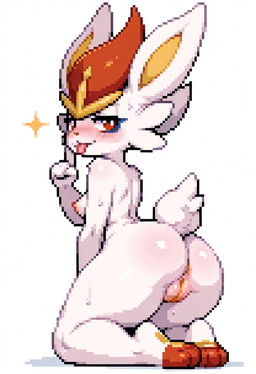 3_toes 4_fingers anthro anus blep blush bodily_fluids breasts feet female fingers fur genitals kneeling kneeling_on_ground looking_back narrowed_eyes nipples nude pixeldreamyai pussy red_body red_eyes red_fur scut_tail short_tail simple_background solo sparkles sweat sweatdrop thick_thighs toes tongue tongue_out white_background white_body white_fur yellow_body yellow_fur nintendo pokemon cinderace generation_8_pokemon pokemon_(species) digital_media_(artwork) hi_res pixel_(artwork)