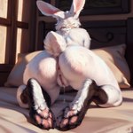 anthro anus bed bedroom bedroom_eyes big_ass claws female fluffy fluffy_tail furniture genitals kaceyk lagomorph leporid mammal narrowed_eyes pawpads paws pussy rabbit seductive solo thick_thighs toe_claws