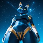 anthro blue_body blue_eyes blue_skin cosmic_background female genitals golden_pussy looking_at_viewer low-angle_view mascot navel night_sky nudity pupils pussy robotic_arms robotic_body sky slit_pupils smile smiling_at_viewer solo star starry_background starry_sky teeth yellow_pussy yellow_sclera ilmpbx esix domestic_cat felid feline felis mammal hi_res