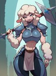 abs anthro armor athletic belt blue_eyes breasts female fur holding_object holding_weapon looking_at_viewer medium_breasts midriff pelvic_curtain smile solo standing weapon wool_(fur) wheel_of_fortune bovid caprine mammal sheep hi_res