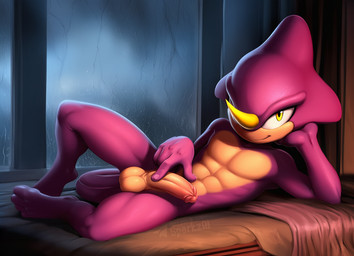 abs anthro balls barefoot bedroom_eyes biped erection feet fingers foreskin furniture genitals glans horn humanoid_genitalia humanoid_penis inside looking_at_viewer lying male male_anthro muscular narrowed_eyes nude on_side pecs penis pink_glans pinup pose presenting presenting_penis purple_body raining seductive smile solo telegram telegram_logo text toes window yellow_eyes sergalbutt sega sonic_the_hedgehog_(series) espio_the_chameleon chameleon lizard reptile scalie director_name signature url