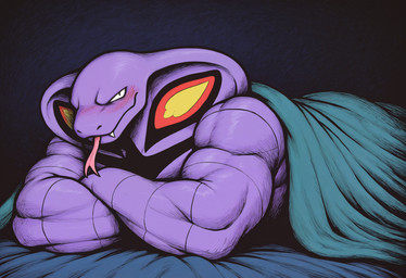 anthro bed bed_sheet bedding big_muscles blush crossed_arms forked_tongue furniture looking_at_viewer lying lying_on_bed male markings muscular muscular_anthro muscular_male on_bed on_front purple_body simple_background snake_hood solo tongue tongue_out under_covers dfy6c nintendo pokemon arbok cobra generation_1_pokemon pokemon_(species) reptile scalie snake hi_res