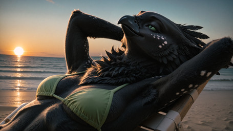 anthro armpit_showing beach beach_chair beak bikini black_beak black_body black_feathers black_fur breasts clothing feathers female fur green_bikini green_clothing green_sclera green_swimwear hands_behind_head lying monotone_body neck_tuft on_back relaxing sand sea seaside small_breasts solo spots sunset swimwear tuft water white_spots scalesai shadow_(oldhroft) avian velari hi_res