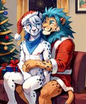 anthro ascot blue_eyes blue_mane blush bottomless christmas_clothing christmas_headwear christmas_present christmas_tree clothed clothing covering covering_crotch duo embrace freckles freckles_on_face fur furniture hair hat headgear headwear hug hugging_from_behind looking_at_another looking_at_partner male male/male mane nipples nude on_lap plant santa_hat sitting_on_another sitting_on_lap slim sofa spots spotted_body spotted_fur tan_body tan_fur tree white_body white_fur white_hair hamgas_(director) hamgas snow_(cheeseknees) cheetah felid feline lion mammal pantherine