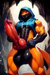 abs balls biceps big_penis black_body black_scales bodily_fluids cave fangs frosting.ai genital_fluids genitals holding_penis huge_penis hyper hyper_genitalia hyper_penis looking_at_viewer male muscular orange_body orange_scales penis precum scales sleeveless_hoodie smile smirk solo mr_diddlez robyn_(demon_form) scalie absurd_res hi_res