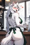 <3 anthro anus apron blush bodily_fluids breath butt clothing detailed_background female fur genital_fluids genitals hair horny looking_at_viewer panties panting pussy pussy_juice smile smirk solo tongue tongue_out underwear white_body white_fur white_hair bedtimes canid canine canis mammal wolf hi_res