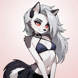 anthro black_body black_fur black_nose bottomwear bra breasts cheek_tuft chest_tuft clothed clothing collar ear_piercing eyebrow_piercing facial_piercing facial_tuft female fur grey_body grey_fur hair inner_ear_fluff long_hair looking_at_viewer navel notched_ear piercing red_sclera shoulder_tuft side_boob silver_hair simple_background skirt slim smile solo spiked_collar spikes standing tuft under_boob underwear white_body white_fur anonymous_director hellaverse helluva_boss loona_(helluva_boss) canid canid_demon demon hellhound mammal