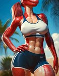 abs anthro blurred_background bottomwear bra clothing day faceless_character faceless_female female glistening glistening_body glistening_scales hair hand_on_hip navel palm_tree plant ponytail red_body red_scales scales shorts solo sports_bra tree underwear zaddha scalie hi_res