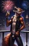 5_fingers absurd_res alcohol anthro belly beverage black_bottomwear black_clothing black_nose black_pants blurred_background bottomwear bracelet brown_ears bulge canid canine champagne city cityscape claws clothed clothing container cup digital_media_(artwork) drinking_glass ears_back easyfluffv11.2_(model) fingers fireworks fluffy fluffy_tail fox front_view fur glass glass_container glass_cup happy head_back hi_res holding_object jacket jewelry leather leather_bottomwear leather_clothing leather_jacket leather_pants leather_topwear male mammal navel night open_clothing open_jacket open_mouth open_topwear orange_body orange_fur pants pivoted_ears railing red_fox scout_the_fox scoutr sky skyscraper slim snow snowing solo spiked_bracelet spikes tan_belly teeth toasting topwear watermark whisker_spots winter