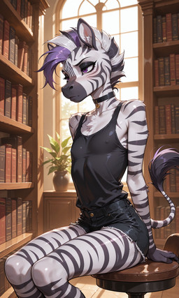 anthro clothing collar library male pouting purple_eyes shirt sitting solo tank_top topwear waiting futurecop ethan equid equine mammal zebra absurd_res hi_res