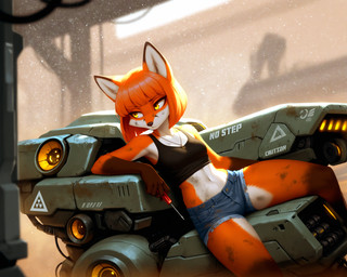 black_clothing black_nose black_shirt black_tank_top black_topwear bottomwear breasts clothed clothing crop_top cutoffs denim denim_bottomwear denim_clothing dirty female fingers fur gloves_(marking) hair holding_object holding_tool hotpants jewelry looking_aside lounging machine markings mechanic midriff navel necklace orange_body orange_fur orange_hair screwdriver shirt short_hair shorts sitting solo tank_top tools topwear white_body white_fur yellow_eyes hank94_(director) canid canine fox mammal red_fox hi_res