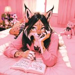 anthro bed bedroom bottomwear clothing ears_up female furniture green_eyes inner_ear_fluff plushie skirt solo teddy_bear tuft anonymous_director felid feline mammal hi_res