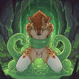animal_genitalia animal_penis anthro balls bdsm bondage bound canine_genitalia canine_penis cave clothed clothing crossdressing eyes_closed footwear footwear_only fully_sheathed fur genitals imminent_sex legwear male moss mostly_nude multicolored_body multicolored_fur penis plant sheath slime socks socks_only solo tentacle_around_arm tentacle_bondage tentacles thigh_highs plapenjoyer hyaenid mammal spotted_hyena