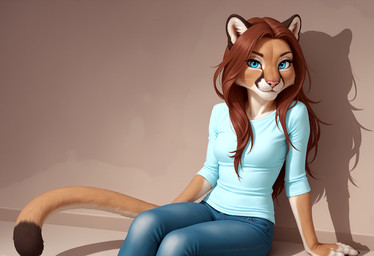 anthro biped blue_eyes bottomwear breasts brown_hair clothed clothing denim denim_bottomwear denim_clothing eyelashes female fur hair jeans looking_at_viewer pants realesrgan_x2_(upscaler) remacri_original_(upscaler) shirt sitting smile solo tan_body tan_fur topwear crashbandit cougar felid feline mammal comfyui_(software) digital_media_(artwork) nai-diffusion-4-full_(model) penrosy_(model) prompt_metainfo