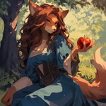 anthro apple blue_eyes breasts brown_hair clothing corset dress female fur grass hair lingerie long_hair orange_body orange_fur plant sitting solo topwear tree sappy_(director) canid canine mammal hi_res