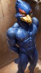 absurd_res anthro avian balls bathing beak bird falco_lombardi falcon falconid feathers flaccid genitals hi_res high-angle_view humanoid_genitalia humanoid_penis longhorn_(director) looking_at_viewer male male_focus muscular nipples nude penis shower showering smile solo solo_focus star_fox starfox tail_feathers yellow_beak