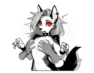 5_fingers ambiguous_gender anthro breast_grab breasts canine_demon collar collar_only countershading disembodied_hand duo ear_piercing ear_ring eyebrows eyelashes female female/ambiguous female_anthro fingers fur grabbing grabbing_from_behind grey_hair hair hand_on_breast humanoid_pointy_ears inner_ear_fluff jewelry long_hair looking_down male male/female multicolored_body mythology notched_ear nude open_mouth piercing prick_ears ring ring_piercing simple_background solo_focus spiked_collar spikes surprise tail teeth tuft white_background white_body white_fur zeez18 hellaverse helluva_boss loona loona_(helluva_boss) canid canid_demon canine canis demon hellhound mammal mythological_canine mythological_creature wolf digital_media_(artwork) greyscale hi_res monochrome sketch