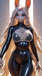 anthro big_breasts blue_eyes bodysuit bra breasts claws clothing cutout female fur hair looking_at_viewer multi_tail parted_lips skindentation skinsuit solo tight_clothing tuft underwear very_long_hair walking white_body white_fur white_hair zipper ayo_keito lagomorph leporid mammal rabbit animated hi_res webm