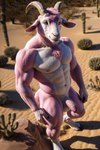 anthro balls belly bovid caprine desert foreskin fur genitals goat green_eyes half-erect hi_res hooves horn humanoid_genitalia humanoid_penis male mammal muscular navel nipples penis pink_body pink_fur pink_nipples rock solo stablexai standing white_belly white_body white_fur