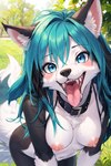 anthro blue_eyes blue_hair breasts canid canine chest_tuft collar collar_only female foxgirlai fur hair mammal mouth_shot nipples nude open_mouth outside seductive solo teeth tongue tongue_out tuft white_body white_fur