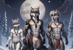 anthro bottomwear canid canine canis clothed clothing detailed_background full_moon fur fur_markings grey_body grey_fur grey_hair group hair loincloth looking_at_viewer male mammal markings moon mountains multicolored_body multicolored_fur muscular muscular_anthro muscular_male night outdoors plant sky smile snow snow_on_ground tree tribal_clothing trio two_tone_body two_tone_fur white_body white_fur winter wolf wolfik