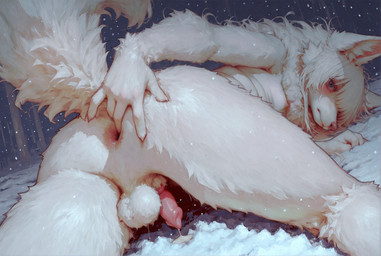 anal anal_fingering animal_genitalia anthro anus balls bodily_fluids breasts butt cum fingering fluffy fur genital_fluids genitals gynomorph intersex looking_at_viewer outside penis pink_nose presenting presenting_hindquarters raised_tail sheath small_breasts small_penis snow snowing solo spreading white_body white_fur anonymous_director arctic_fox canid canine fox mammal hi_res