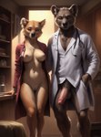 anthro balls bottomless breasts casual_nudity clothed clothing coat doctor doctors_office duo female genitals hospital inside lab_coat looking_at_viewer male medical_instrument nude penis pussy scientific_instrument standing topwear wolf552906 koala mammal marsupial vombatiform hi_res