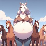 azdy67 belly big_belly big_breasts bra breasts brown_body cleavage clothed clothing equid equine eyebrows eyelashes female feral group hair horse hyper hyper_belly looking_at_viewer mammal outside pregnant pregnant_female skimpy sky tan_body topwear underwear white_body white_hair