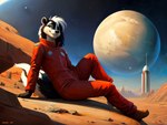 amber_eyes anthro boots clothed clothing desert detailed_background footwear fully_clothed jumpsuit male mammal mephitid moon mountains night_sky outside planet reclining rock science_fiction sitting skunk smile snowshoes solo space spacecraft star vehicle yiffymix_(model)