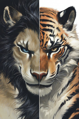 anthro black_hair duo face_focus fur hair looking_at_viewer male mane orange_body orange_fur smile split_image striped_body stripes tuft whiskers white_body white_fur kbi felid humanoid lion mammal pantherine tiger 2025