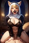 ahegao anthro anthro_penetrated blond_hair brown_eyes cowgirl_position duo ejaculation female first_person_view from_front_position human_on_anthro human_penetrating human_penetrating_anthro interspecies lace_bra looking_pleasured male male/female male_pov night nun on_bottom on_top penetrating_pov penetration sex temple mecha_froggy canid human mammal cowgirl_(disambiguation)