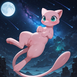 anus blush cloud cosmic_background female feral flying fur genitals moon mouth_closed outside pawpads paws pink_body pink_pawpads pussy shooting_star solo star pixvul nintendo pokemon legendary_pokemon mew pokemon_(species) hi_res