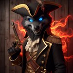 andromorph anthro bing_image_creator black_body black_fur black_nose blue_eyes clothing dall-e_3 detailed_background energy_wings fur glowing glowing_eyes gun intersex photorealistic pirate_hat ranged_weapon solo weapon wings goldanthrowolf canid canine canis luphra'nite mammal wolf