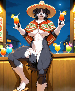 5_fingers 5_toes abs alcohol anthro athletic athletic_anthro athletic_female barefoot beverage big_breasts black_body black_fur black_nose black_pawpads blue_eyes bottomless bottomless_female breasts casual_exposure claws clothed clothing cocktail container convenient_censorship crotch_tuft cup detailed_background feet female female_anthro finger_claws fingers floppy_ears fur gloves_(marking) hat headgear headwear holding_object kemono leg_markings looking_at_viewer markings mexican moon mostly_nude multicolored_body multicolored_fur muscular muscular_anthro muscular_female muscular_thighs narrowed_eyes navel night open_mouth outside pawpads paws plant plantigrade public public_exposure sky smile smiling_at_viewer socks_(marking) solo sombrero standing tail tail_between_legs tail_censorship teeth toe_claws toes tongue tuft two_tone_body two_tone_fur under_boob white_body white_fur lieutenant_chuck border_collie canid canine canis collie domestic_dog herding_dog mammal pastoral_dog sheepdog absurd_res hi_res
