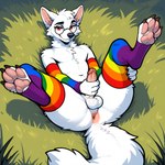 4_fingers 4_toes anthro anus arm_warmers armwear balls black_claws black_eyebrows chest_tuft claws clothing eyebrows eyewear feet fingers fur genitals girly glasses grass grass_field head_tuft holding_leg legs_up legwear lgbt_pride lying male masturbation neck_tuft on_back pattern_clothing pawpads penis pince-nez pink_anus pink_inner_ear pink_pawpads plant presenting pride_colors red_eyes round_glasses simple_background solo stockings striped_clothing stripes toes tuft white_body white_fur wide_hips anotherarcticfox arctic_fox canid canine fox mammal hi_res