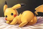 animal_genitalia anus backsack balls bed bedding black_eyes butt feral fully_sheathed fur furniture genitals looking_at_viewer looking_back lying male on_bed on_front perineum presenting presenting_hindquarters prone rear_view sheath smile solo yellow_body yellow_fur jomisa nintendo pokemon generation_1_pokemon pikachu pokemon_(species)