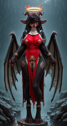 anklet anthro armlet black_hair bodily_fluids breasts claws clothing dress female genitals hair halo horn jewelry large_breasts long_hair membrane_(anatomy) membranous_wings nipple_piercing nipples piercing pussy raining solo standing tears torn_clothing wings neoncortex felid mammal pantherine absurd_res hi_res huge_filesize