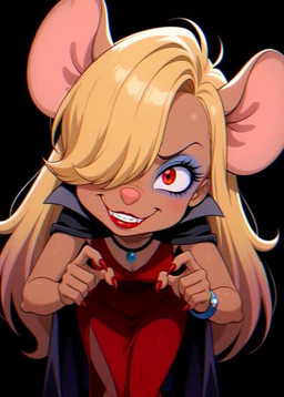 anthro belt blonde_hair claws cloak clothing colored_nails dress eyeshadow fangs female hair hair_over_eye halloween halloween_costume implied_oral jewelry makeup mouse_ears mouse_tail nails necklace one_eye_obstructed pink_nose red_clothing red_dress red_eyes red_nails solo teeth ambers_ai chip_n_dale_rescue_rangers halloween_2025 gadget_hackwrench mammal mouse murid murine rodent vampire animated short_playtime webm