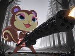 chibi clothing dress female forest gatling_gun gun machine_gun makeup minigun muzzle_flash plant ranged_weapon tree weapon anonymous_director animal_crossing nintendo pecan_(animal_crossing) mammal rodent sciurid