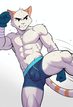 anthro bandage black_eyes boxer_briefs bulge clenched_teeth clothing detailed_bulge eyebrows fur gloves hair handwear kick male muscular muscular_anthro muscular_male orange_body orange_fur pink_nose simple_background solo spread_legs spreading teeth thick_eyebrows underwear white_background white_body white_fur positivelyberries_(director) felid feline humanoid mammal absurd_res hi_res