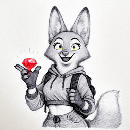 5_fingers backpack bottomwear breasts cheek_tuft claws clothed clothing crop_top eyebrows eyelashes facial_tuft female fingerless_gloves fingers fully_clothed fur gem gloves handwear happy holding_object hoodie inner_ear_fluff looking_at_viewer markings midriff open_mouth open_smile pants shirt simple_background smile solo tail teeth tongue topwear tuft white_background yellow_eyes unknown_director the_bad_guys diane_foxington canid canine fox mammal hi_res monochrome restricted_palette sketch traditional_media_(artwork)