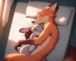 anthro bed cuddling duo ears_down embrace eyes_closed female furniture hug inside larger_male light lying_on_side male male/female nude nude_female nude_male on_bed pillow pivoted_ears size_difference sleeping smaller_female smile sunlight under_covers zootopia alucard_(director) judy_hopps nick_wilde canid canine fox lagomorph leporid mammal rabbit hi_res